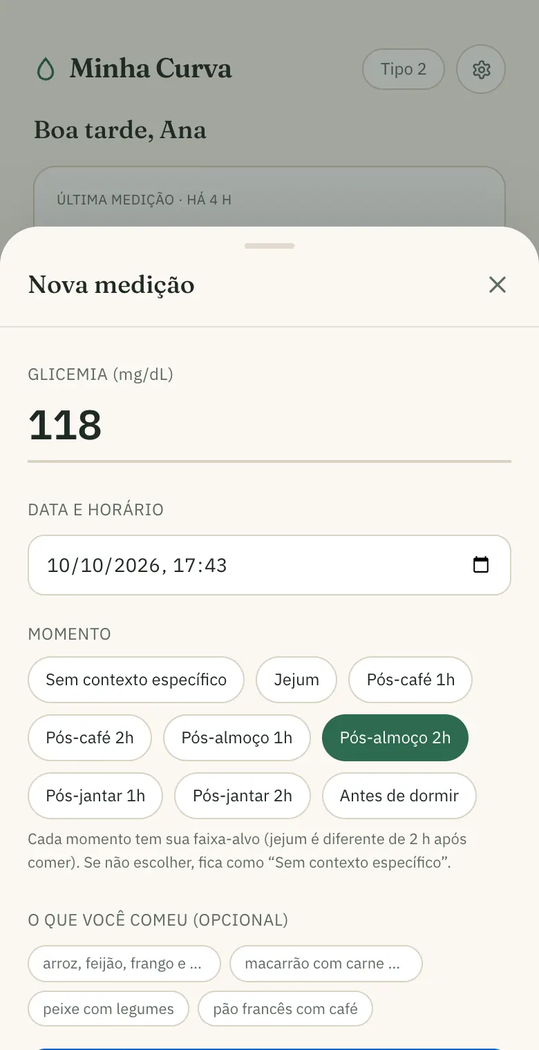 Tela de nova medição: glicemia, data e hora, momento, alimentação, insulina e comentário